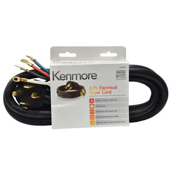 4-Prong 6' Round Dryer Cord  Black